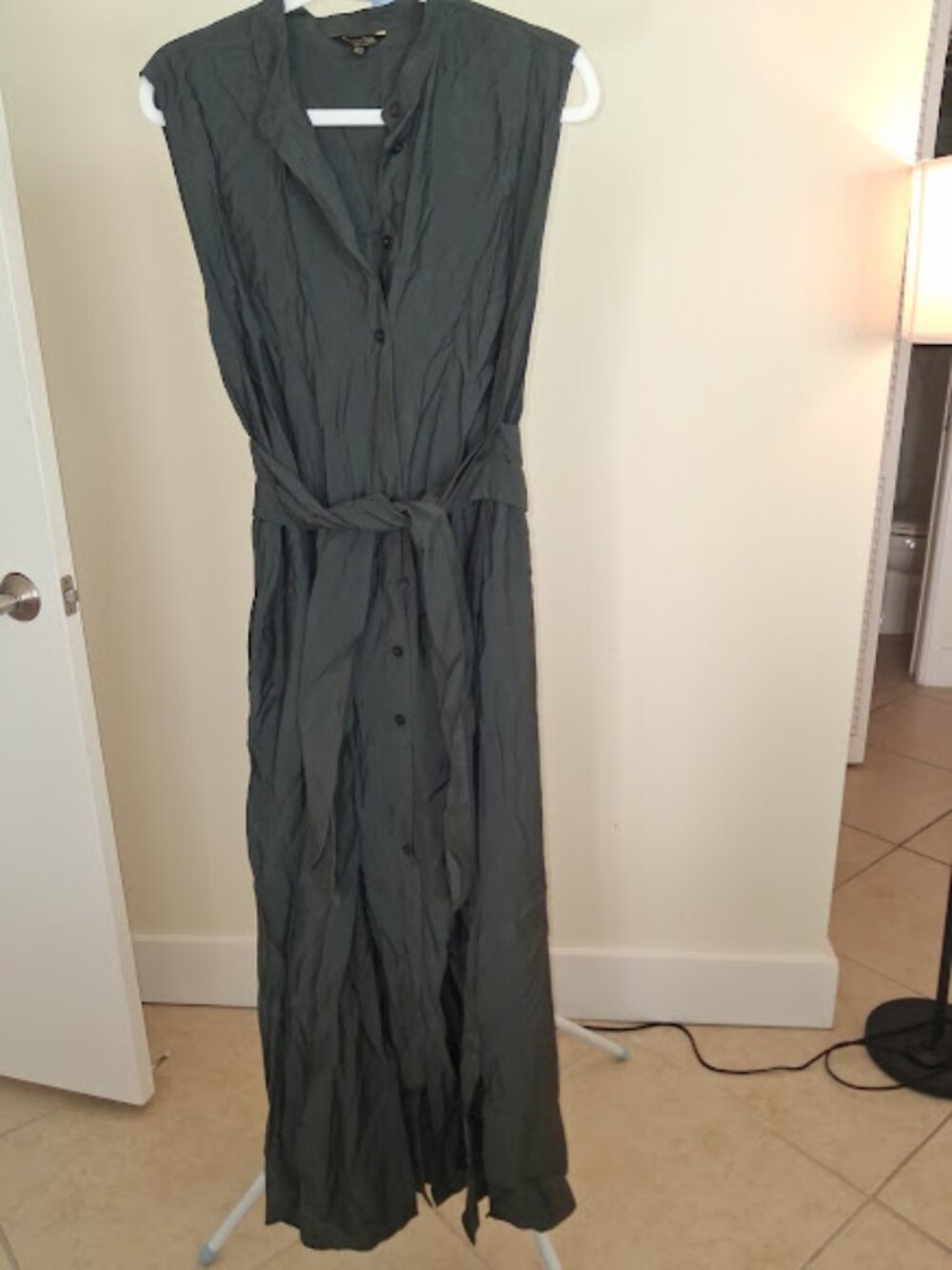 Massimo Dutti Sleeveless Maxi Shirt Dress with Waist Tie Belt Gray Size S